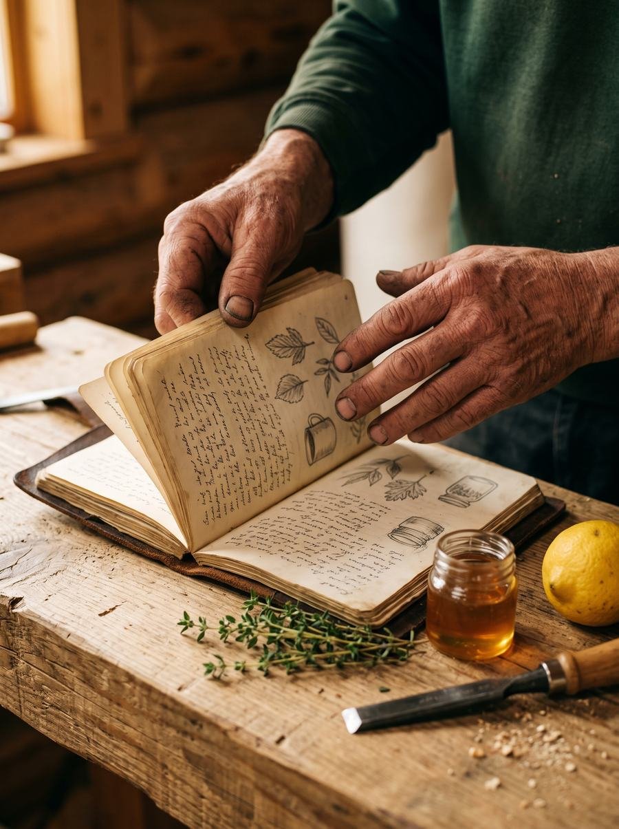 Einar pasando las páginas de su cuaderno de recetas y costumbres