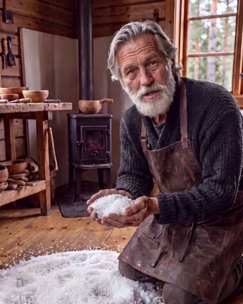 Einar en su taller con sal gruesa en las manos, fotograma de un vídeo